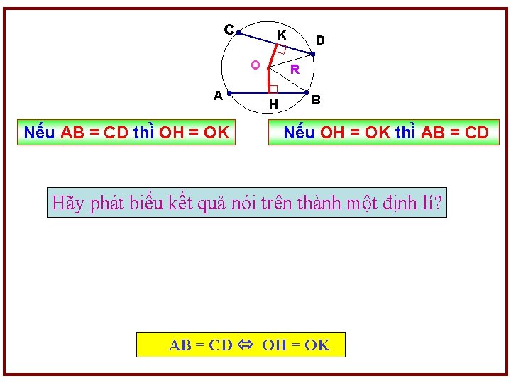 c K O A Nếu AB = CD thi OH = OK D R