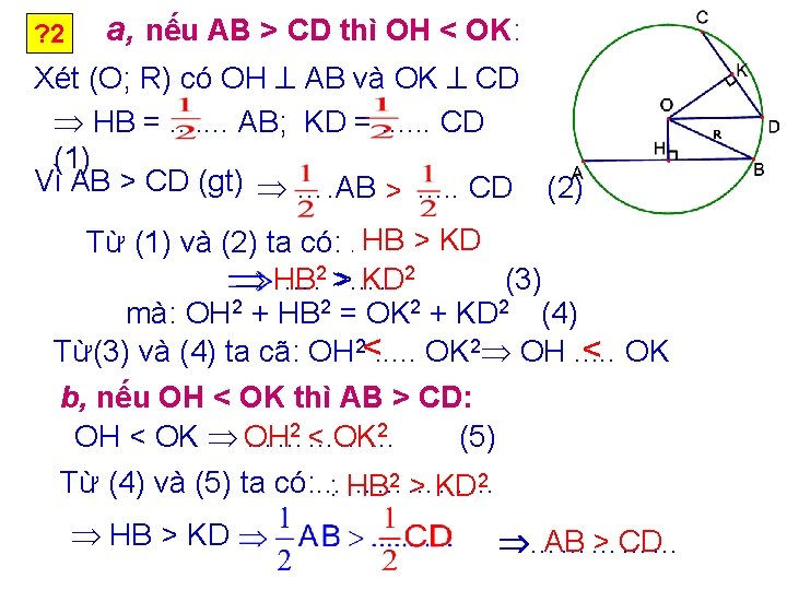 ? 2 a, nếu AB > CD thì OH < OK: Xét (O; R)