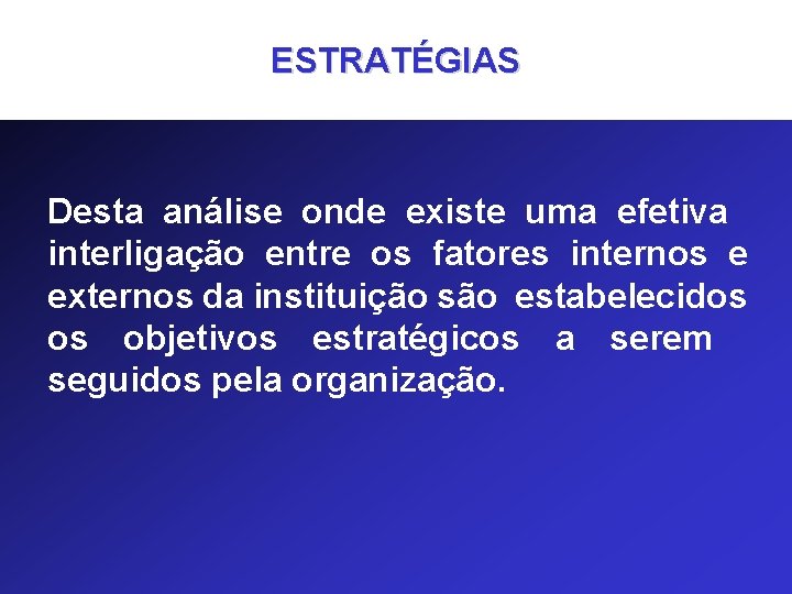 ESTRATÉGIAS Desta análise onde existe uma efetiva interligação entre os fatores internos e externos