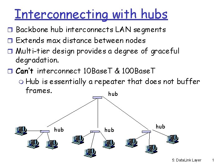 Interconnecting with hubs r Backbone hub interconnects LAN segments r Extends max distance between