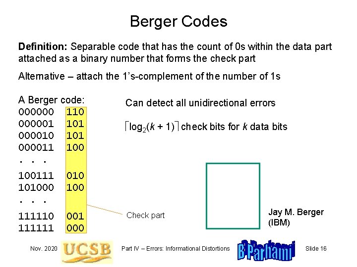Berger Codes Definition: Separable code that has the count of 0 s within the