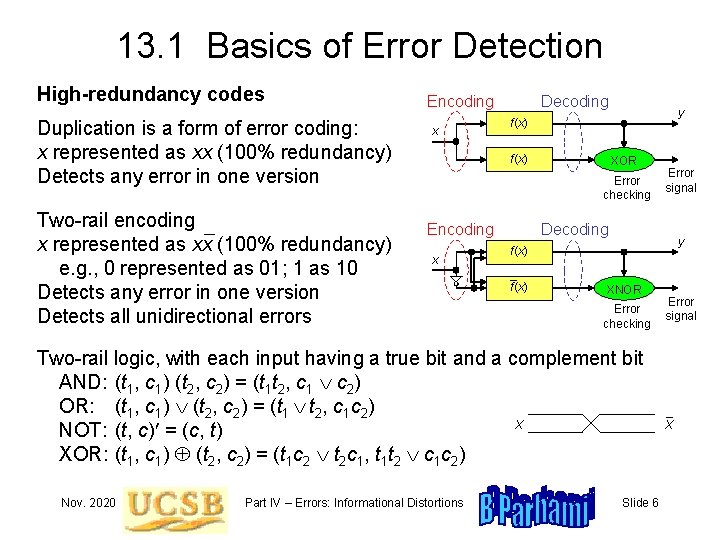 13. 1 Basics of Error Detection High-redundancy codes Duplication is a form of error