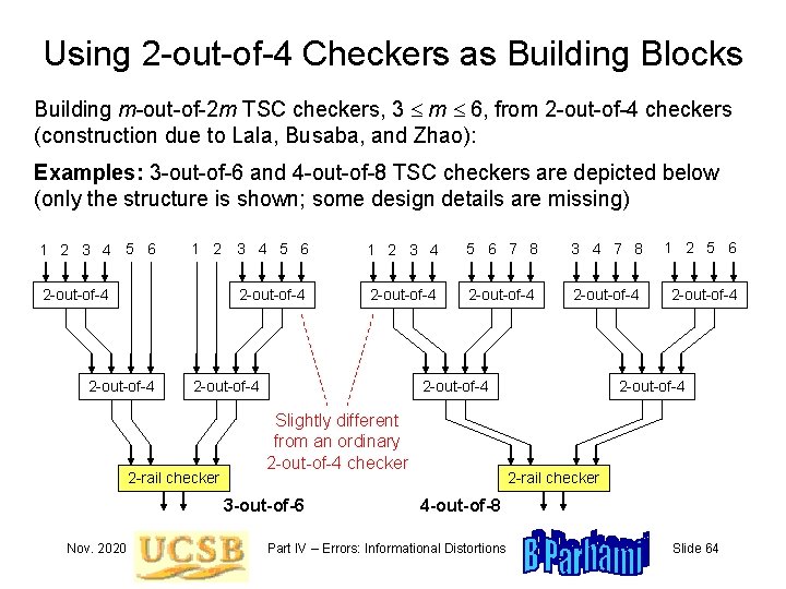 Using 2 -out-of-4 Checkers as Building Blocks Building m-out-of-2 m TSC checkers, 3 m