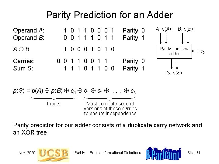 Parity Prediction for an Adder Operand A: Operand B: 1 0 1 1 0