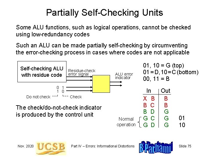 Partially Self-Checking Units Some ALU functions, such as logical operations, cannot be checked using
