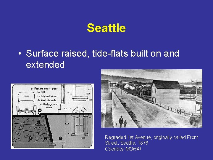 Seattle • Surface raised, tide-flats built on and extended Regraded 1 st Avenue, originally