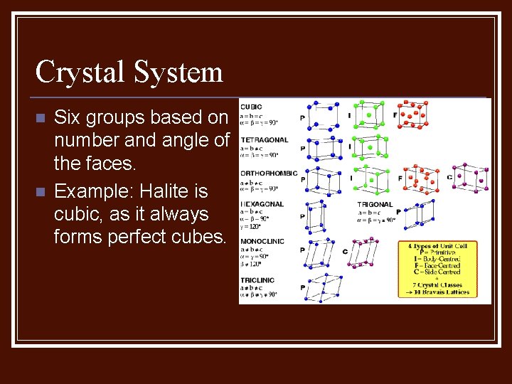 Crystal System n n Six groups based on number and angle of the faces.