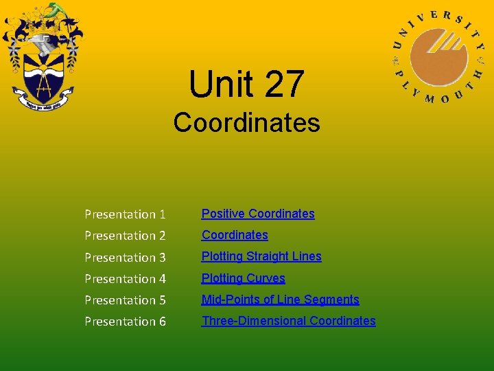 Unit 27 Coordinates Presentation 1 Positive Coordinates Presentation 2 Coordinates Presentation 3 Plotting Straight