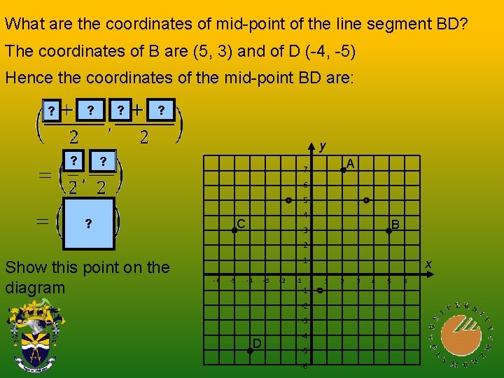 What are the coordinates of mid-point of the line segment BD? The coordinates of