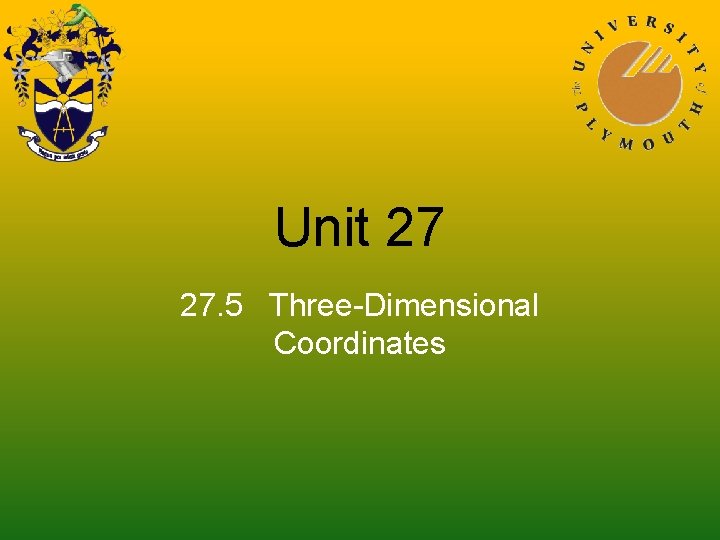 Unit 27 27. 5 Three-Dimensional Coordinates 