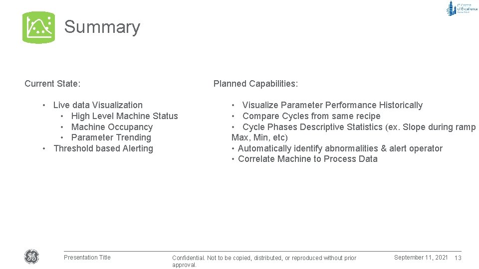 Summary Current State: Planned Capabilities: • Live data Visualization • High Level Machine Status