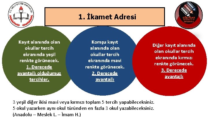 1. İkamet Adresi Kayıt alanında olan okullar tercih ekranında yeşil renkte görünecek. 1. Derecede