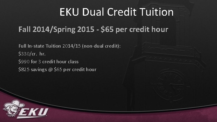 EKU Dual Credit Tuition Fall 2014/Spring 2015 - $65 per credit hour Full In-state