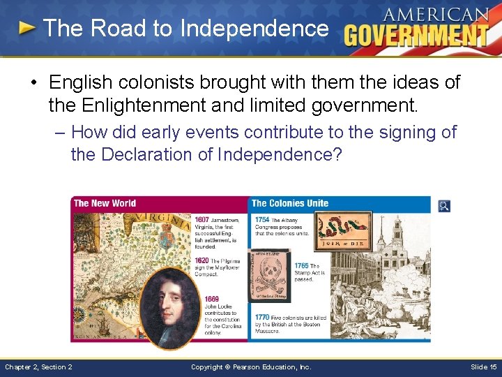The Road to Independence • English colonists brought with them the ideas of the