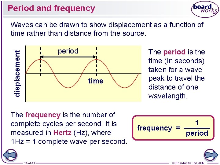 Period and frequency Waves can be drawn to show displacement as a function of