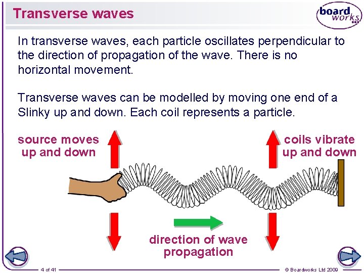 Transverse waves In transverse waves, each particle oscillates perpendicular to the direction of propagation