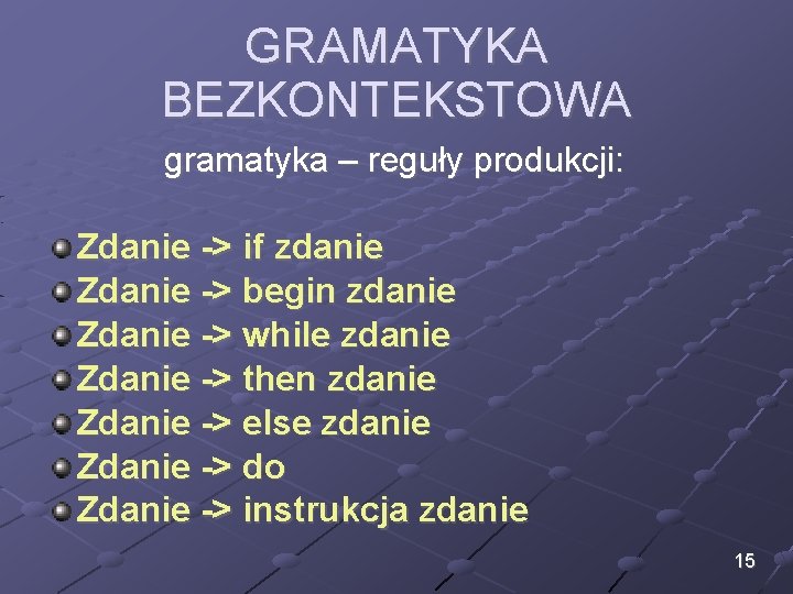 GRAMATYKA BEZKONTEKSTOWA gramatyka – reguły produkcji: Zdanie -> if zdanie Zdanie -> begin zdanie GRAMATYKA BEZKONTEKSTOWA gramatyka – reguły produkcji: Zdanie -> if zdanie Zdanie -> begin zdanie