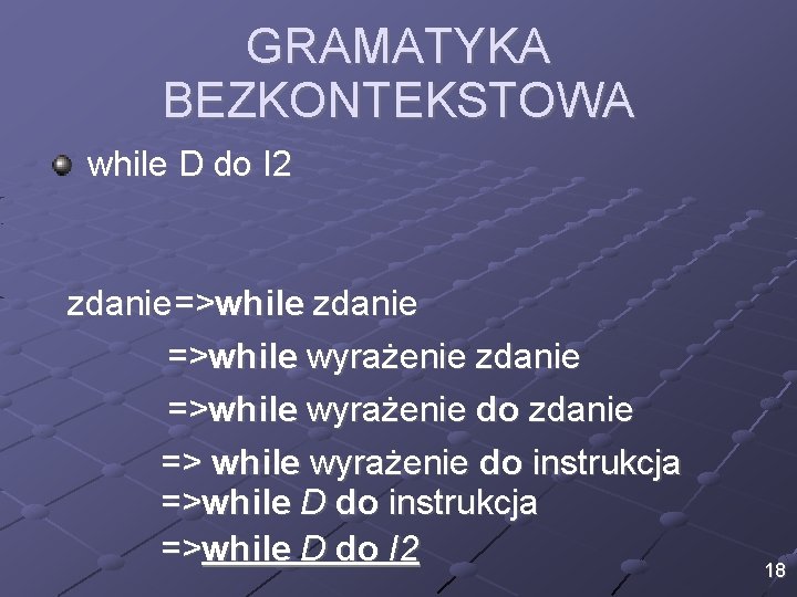 GRAMATYKA BEZKONTEKSTOWA while D do I 2 zdanie =>while wyrażenie do zdanie => while