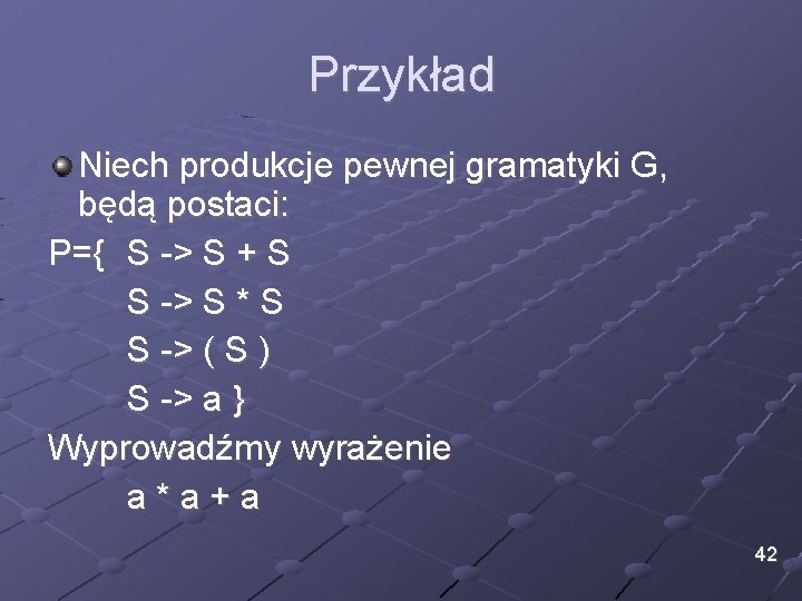 Przykład Niech produkcje pewnej gramatyki G, będą postaci: P={ S -> S + S Przykład Niech produkcje pewnej gramatyki G, będą postaci: P={ S -> S + S