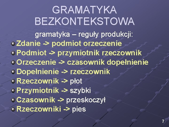 GRAMATYKA BEZKONTEKSTOWA gramatyka – reguły produkcji: Zdanie -> podmiot orzeczenie Podmiot -> przymiotnik rzeczownik