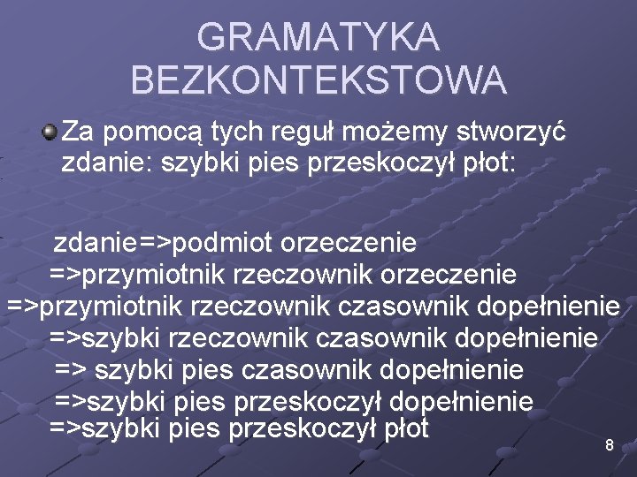 GRAMATYKA BEZKONTEKSTOWA Za pomocą tych reguł możemy stworzyć zdanie: szybki pies przeskoczył płot: zdanie