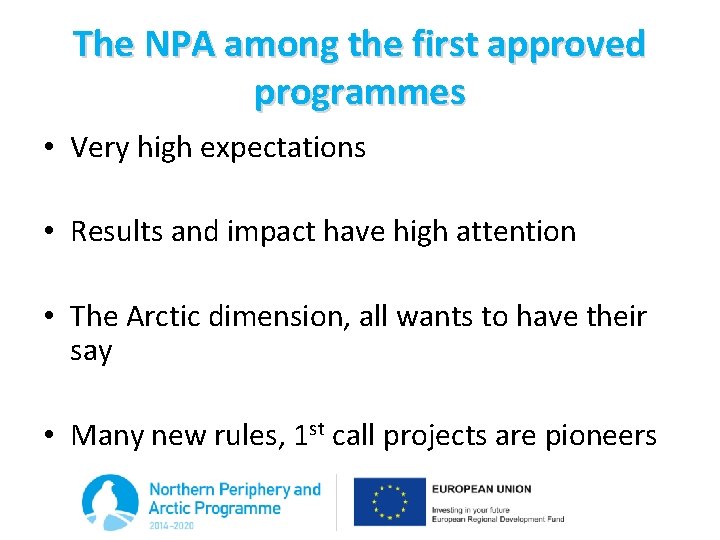The NPA among the first approved programmes • Very high expectations • Results and