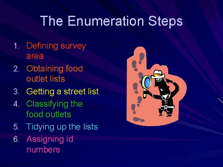 The Enumeration Steps 1. Defining survey 2. 3. 4. 5. 6. area Obtaining food