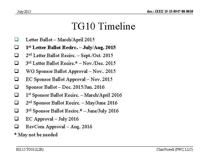 doc. : IEEE 15 -15 -0547 -00 -0010 July 2015 TG 10 Timeline Letter