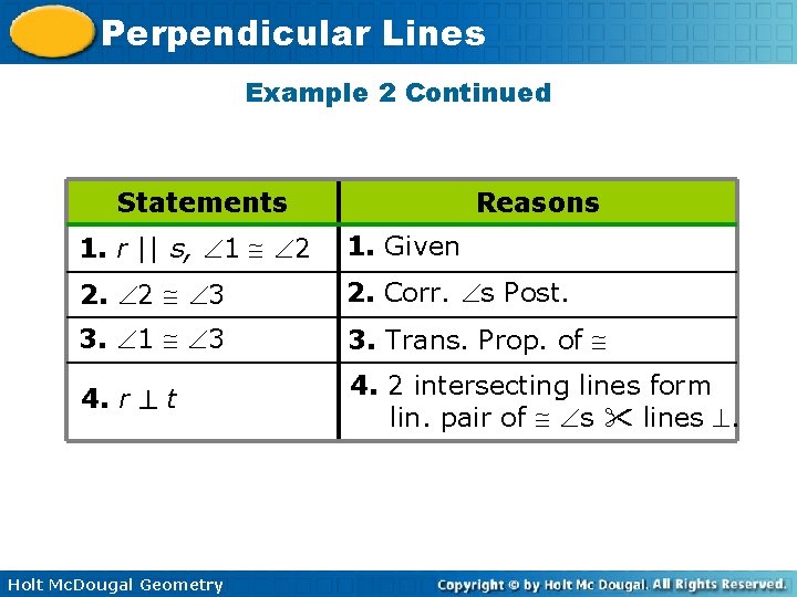 Perpendicular Lines Example 2 Continued Statements Reasons 1. r || s, 1 2 1.