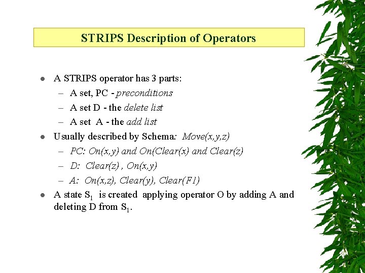 STRIPS Description of Operators l l l A STRIPS operator has 3 parts: –