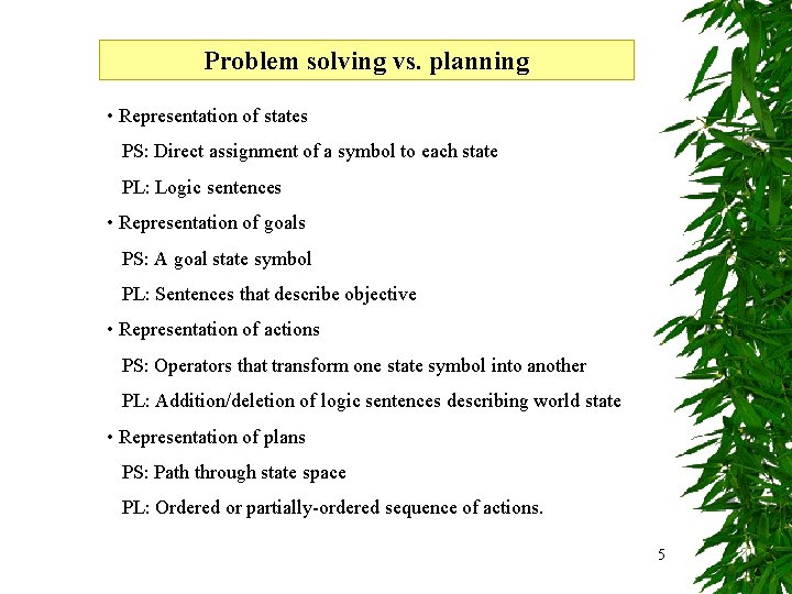 Problem Search in solving problem vs. planning solving • Representation of states PS: Direct