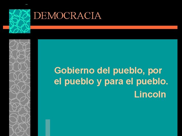 DEMOCRACIA Gobierno del pueblo, por el pueblo y para el pueblo. Lincoln 