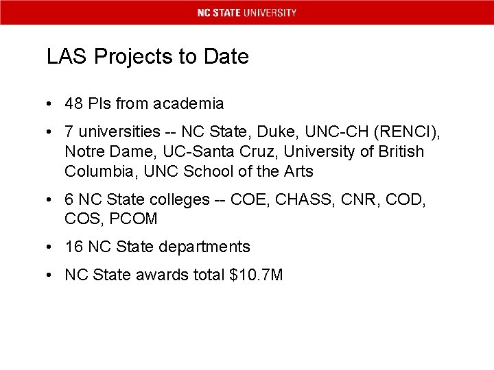 LAS Projects to Date • 48 PIs from academia • 7 universities -- NC