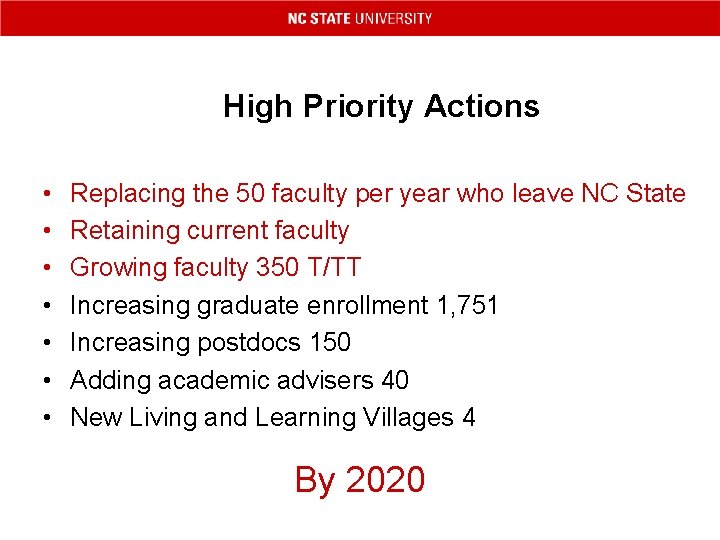 High Priority Actions • • Replacing the 50 faculty per year who leave NC