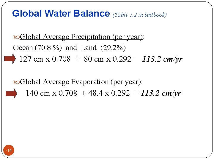 Global Water Balance (Table 1. 2 in textbook) Global Average Precipitation (per year): Ocean