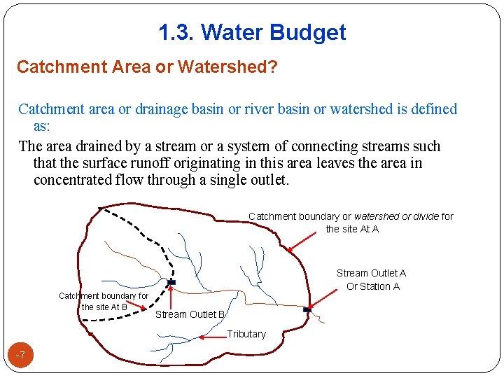 1. 3. Water Budget Catchment Area or Watershed? Catchment area or drainage basin or