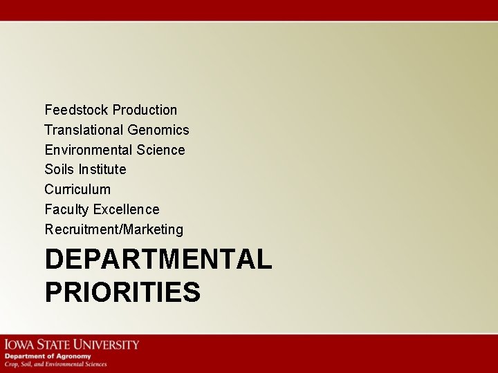 Feedstock Production Translational Genomics Environmental Science Soils Institute Curriculum Faculty Excellence Recruitment/Marketing DEPARTMENTAL PRIORITIES