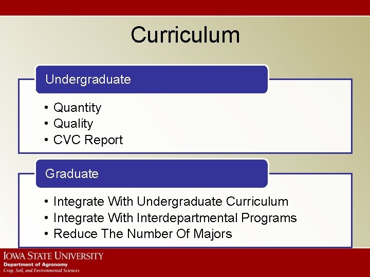 Curriculum Undergraduate • Quantity • Quality • CVC Report Graduate • Integrate With Undergraduate