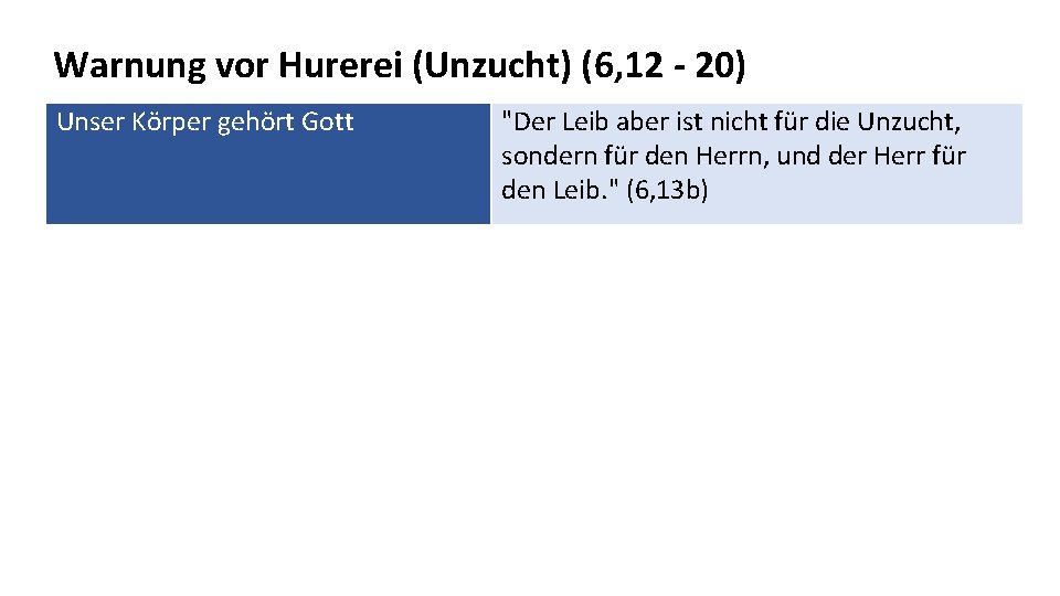 Warnung vor Hurerei (Unzucht) (6, 12 - 20) Unser Körper gehört Gott "Der Leib