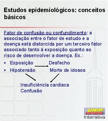 Estudos epidemiológicos: conceitos básicos Fator de confusão ou confundimento: a associação entre o fator