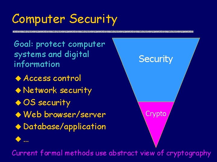 Computer Security Goal: protect computer systems and digital information control u Network security u