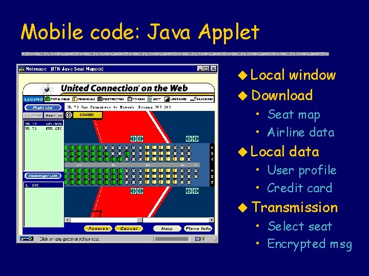 Mobile code: Java Applet u Local window u Download • Seat map • Airline