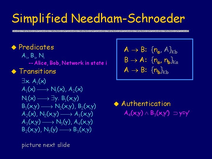 Simplified Needham-Schroeder u Predicates A B: {na, A}Kb B A: {na, nb}Ka A B:
