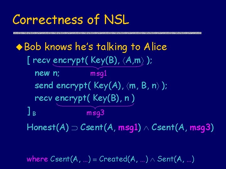 Correctness of NSL u Bob knows he’s talking to Alice [ recv encrypt( Key(B),