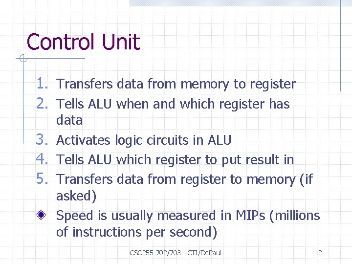 Control Unit 1. Transfers data from memory to register 2. Tells ALU when and