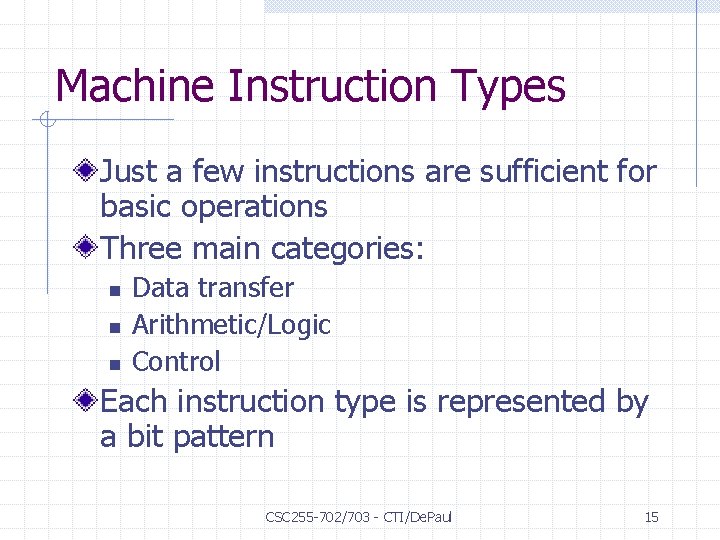 Machine Instruction Types Just a few instructions are sufficient for basic operations Three main