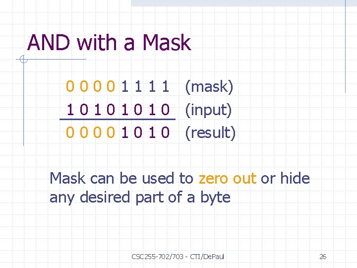 AND with a Mask 0 0 1 1 (mask) 1 0 1 0 (input)