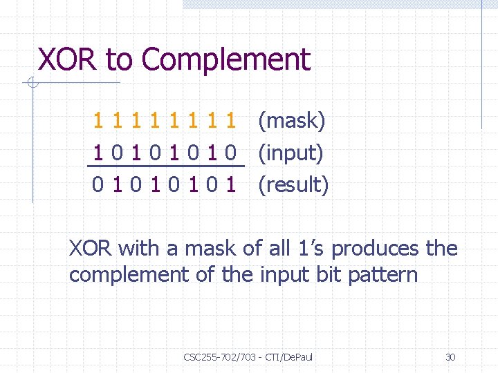 XOR to Complement 1 1 1 1 (mask) 1 0 1 0 (input) 0