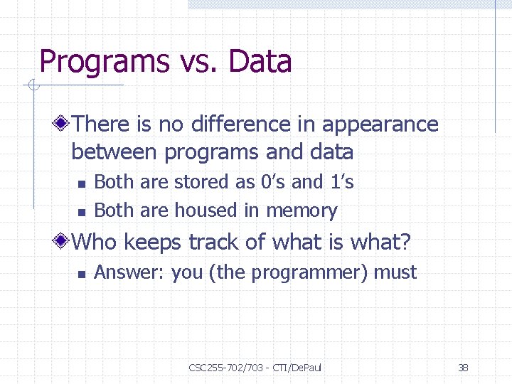 Programs vs. Data There is no difference in appearance between programs and data n