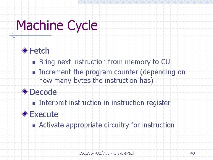 Machine Cycle Fetch n n Bring next instruction from memory to CU Increment the